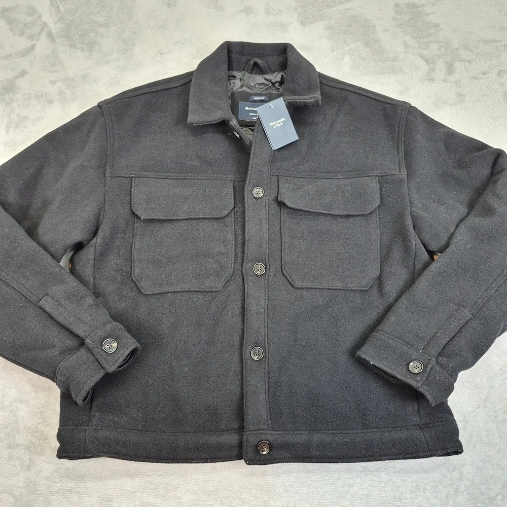 NWT Wool Blend Abercrombie Mens Trucker Black Cropped Insulated Quilted Jacket L